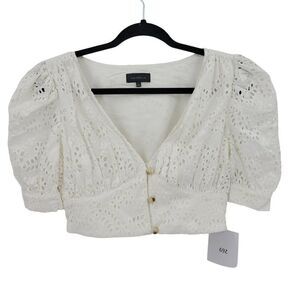 Majorelle Eyelet Krina Crop Top XS White Button Up Puff Sleeve Rockabilly Boho